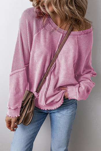 Pink Waffle Knit Patchwork Exposed Seam Raglan Sweatshirt