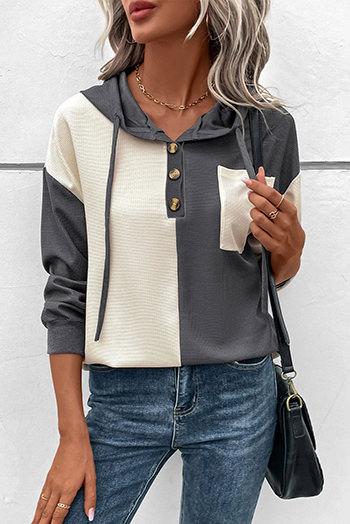 Grey Waffle Colorblock Buttons Placket Drop Shoulder Drawstring Hoodie