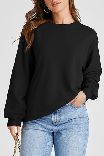 Black Plain Drop Shoulder Crewneck Pullover Sweatshirt