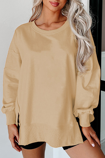 French Beige Exposed Seam Drop Shoulder Round Neck Sweatshirt