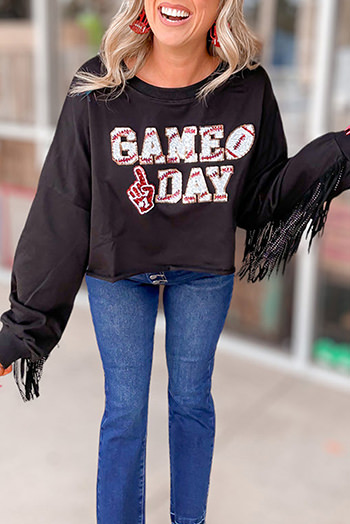 Black GAME DAY Rugby Sequined Tasseled Cropped Sweatshirt