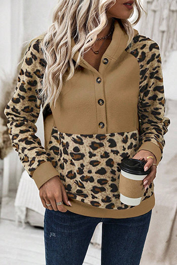 Beige Leopard Print Patchwork Raglan Sleeve Half Buttons Hoodie