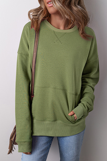 Green Drop Shoulder Crisscross Stitching Pocketed Loose Sweatshirt