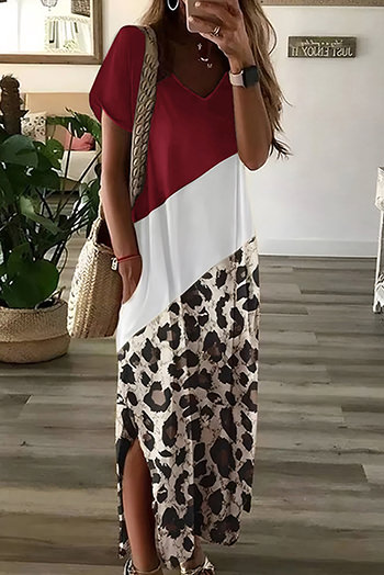 Red Leopard Color Block Side Slit T Shirt Maxi Dress