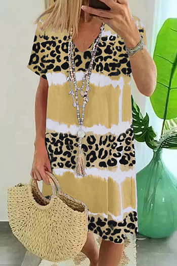 Yellow Leopard Color Block V Neck T Shirt Dress