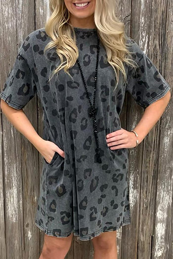 Gray Vintage Washed Leopard T Shirt Dress with Pockets