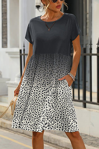 Leopard Dotted Contrast Casual Pocket T Shirt Dress