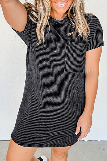 Gray Striped Ribbed Knit T Shirt Shift Dress