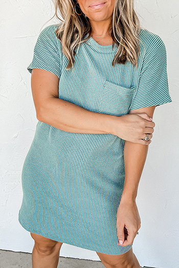 Blue Striped Ribbed Knit T Shirt Shift Dress