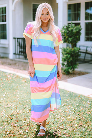 Multicolor Striped Side Split Pockets V Neck T Shirt Midi Dress