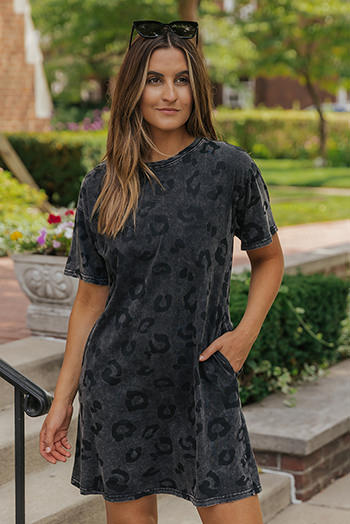 Gray Vintage Washed Leopard T Shirt Dress with Pockets