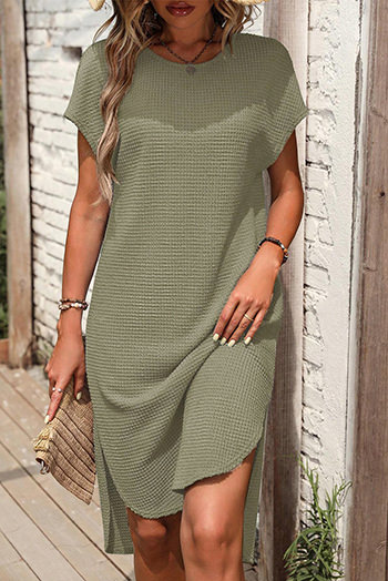 Jungle Green Waffle Texture Curved Hem Side Slit T Shirt Dress