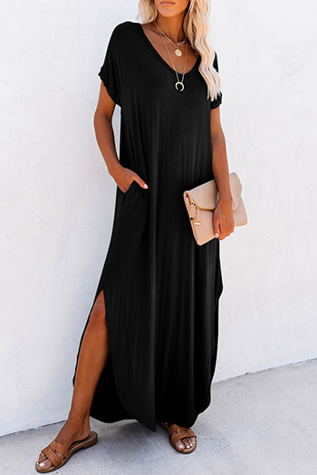 Black V Neck Hidden Pocket Splits Maxi T Shirt Dress