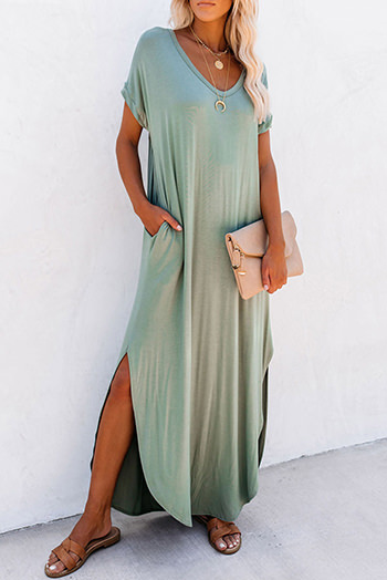 Grass Green V Neck Hidden Pocket Splits Maxi T Shirt Dress