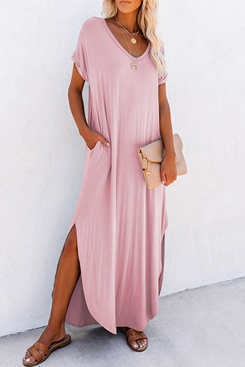 Pink V Neck Hidden Pocket Splits Maxi T Shirt Dress