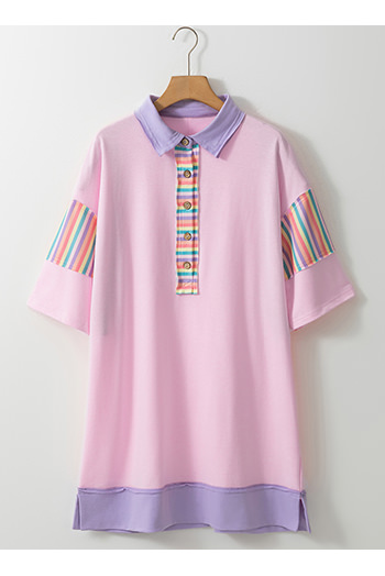 Pink Rainbow Stripe Half Sleeve Buttoned T Shirt Dress