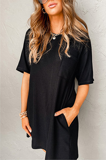 Black Waffle Knit T Shirt Dress with Pockets