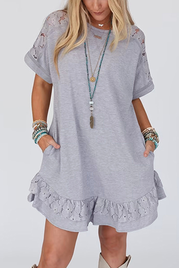 Light Grey Lace Floral Patchwork Ruffled T Shirt Dress