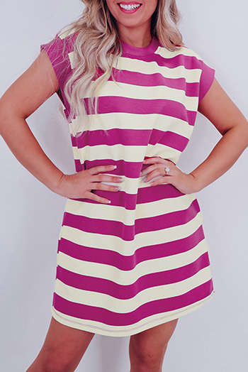 Rose Stripe Cap Sleeve Pocketed Shift T Shirt Dress