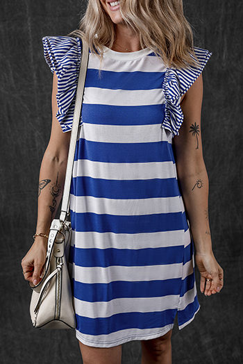 Sky Blue Stripe Contrast Ruffled Sleeve T Shirt Dress