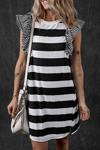 Black Stripe Contrast Ruffled Sleeve T Shirt Dress