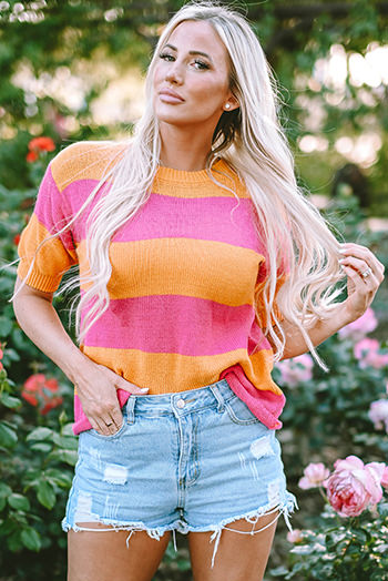 Orange Stripe Color Block Knitted T Shirt Sweater