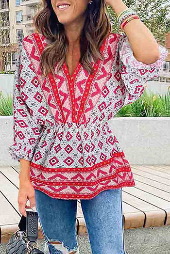 Red Geometric Print 3/4 Sleeve V Neck Shirred Waist Flared Blouse