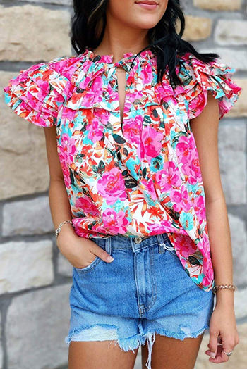 Rose Ruffle Flutter Sleeve Floral Print Blouse