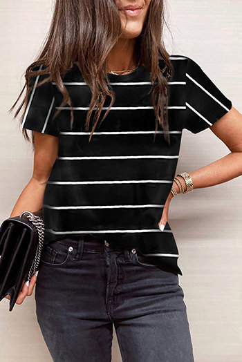 Black Round Neck Striped Print T Shirt