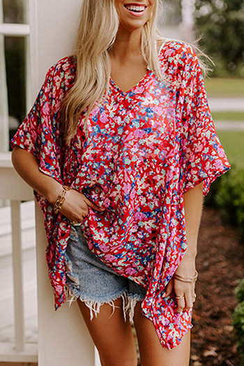 Red Abstract Floral Print Oversize Tunic Top