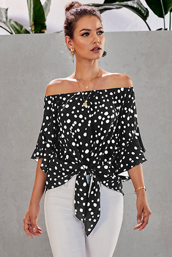 Black Polka Dot 3/4 Bell Sleeve Off Shoulder Front Tie Knot Top