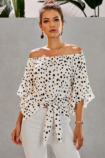 White Polka Dot 3/4 Bell Sleeve Off Shoulder Front Tie Knot Top