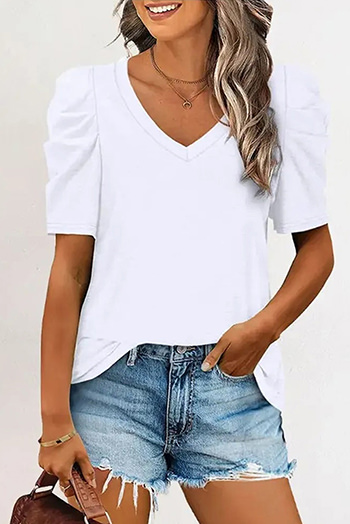 White Puff Sleeve V Neck T Shirt