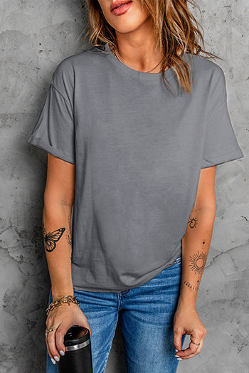 Gray Solid Color Crew Neck Tee