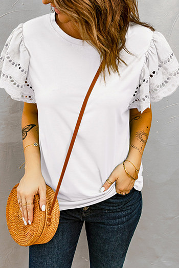 White Hollow Out Ruffle Sleeve T Shirt