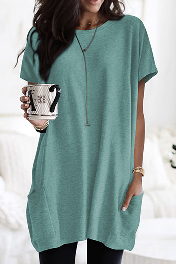 Light Green Side Pockets Short Sleeve Tunic Top