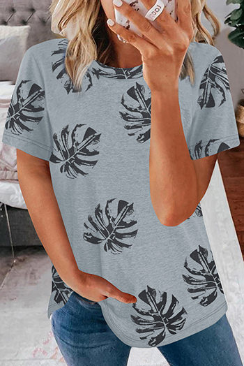 Gray Crew Neck Tropical Plants Print T Shirt