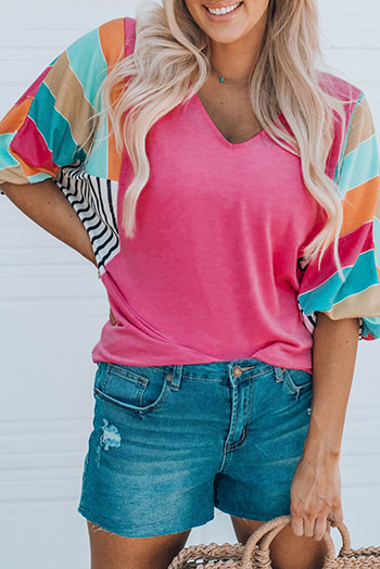 Rose Stripe Color Block Bubble Sleeve Top