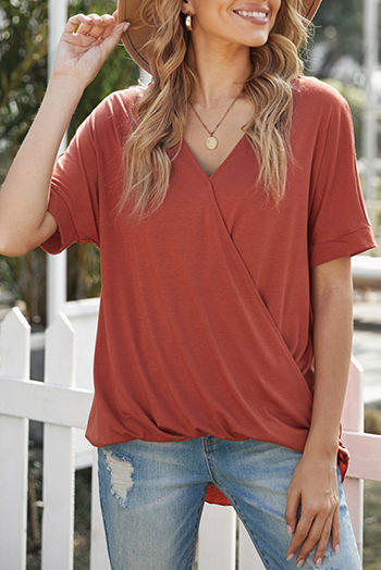 Red Short Sleeves Drape Knit Top