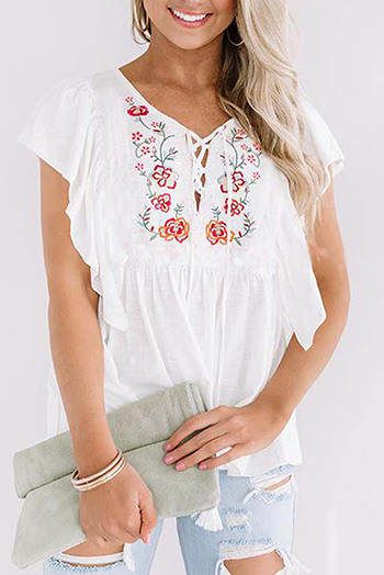 White Floral Embroidered Ruffled Lace Up V Neck Top