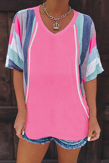 Pink White Stripe Patchwork V Neck T Shirt