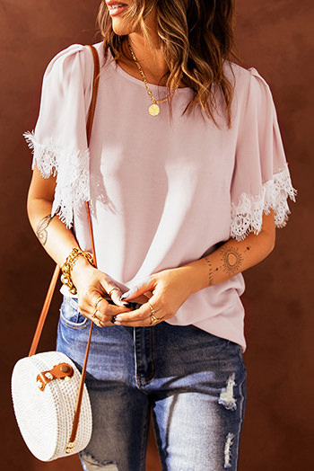 Pink Satin Lace Flutter Sleeve Top