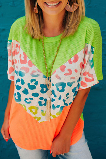 Green Color Block Leopard Waffle Knit Patchwork T Shirt