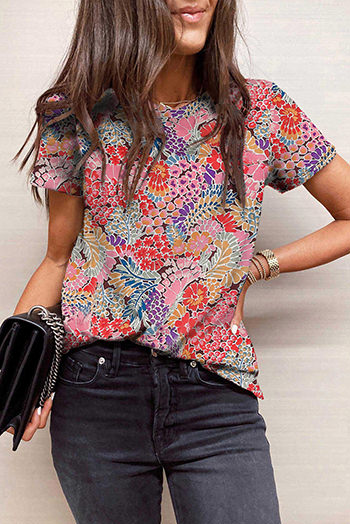 Red Short Sleeve Slim Fit Floral T Shirt