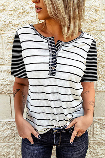 White Striped Colorblock Buttons T Shirt