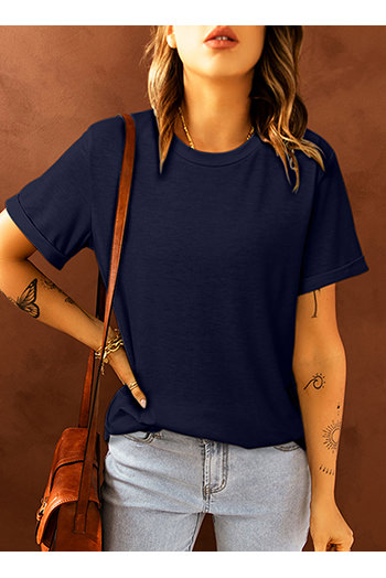 Blue Solid Color Crew Neck Tee