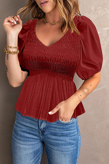 Red Puff Sleeve Smocked Top