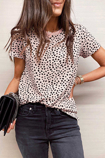 Apricot Cheetah Print O-neck Short Sleeve T Shirt