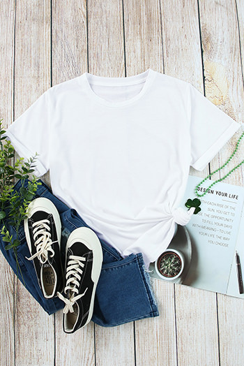 White Solid Color Crew Neck Tee