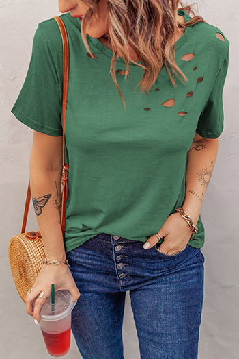 Green Holes Crew Neck Cotton Mixed T Shirt